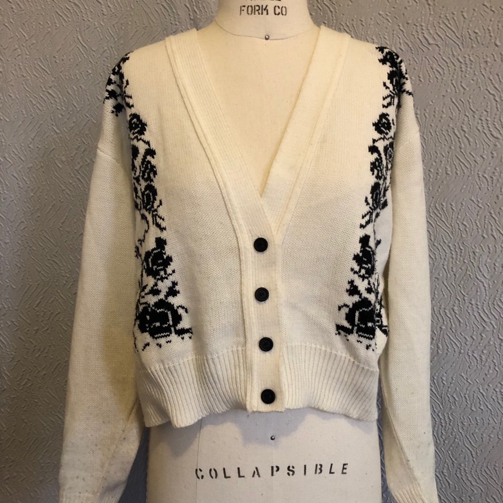 White with black rose vintage button down sweater